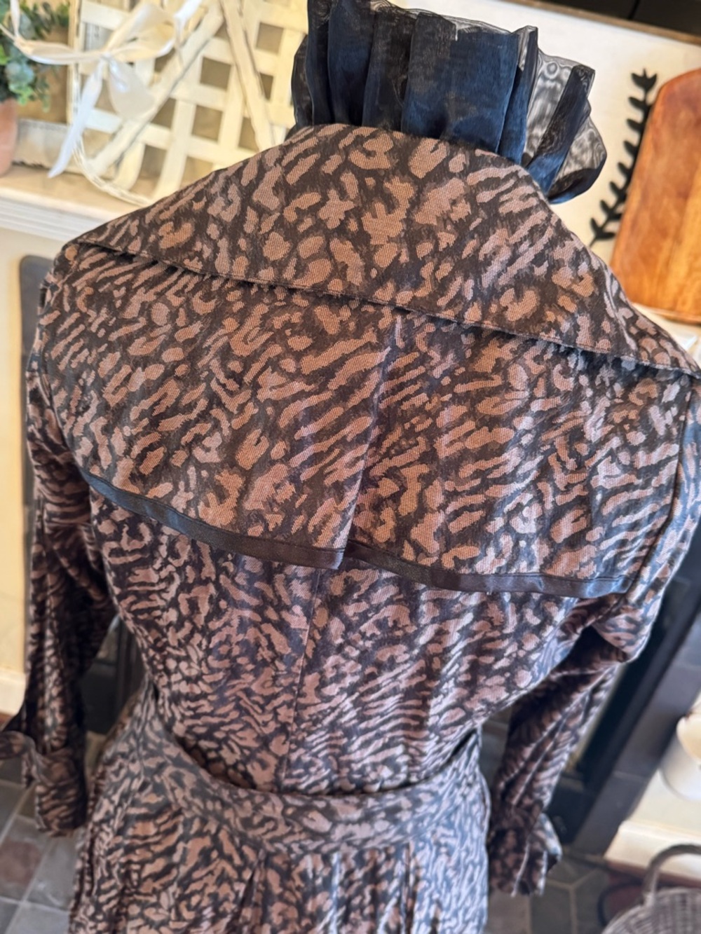 Vintage Y2K Leopard Print Black Tulle Ruffle Belt Trench Coat Avant Garde Small - Picture 3 of 12